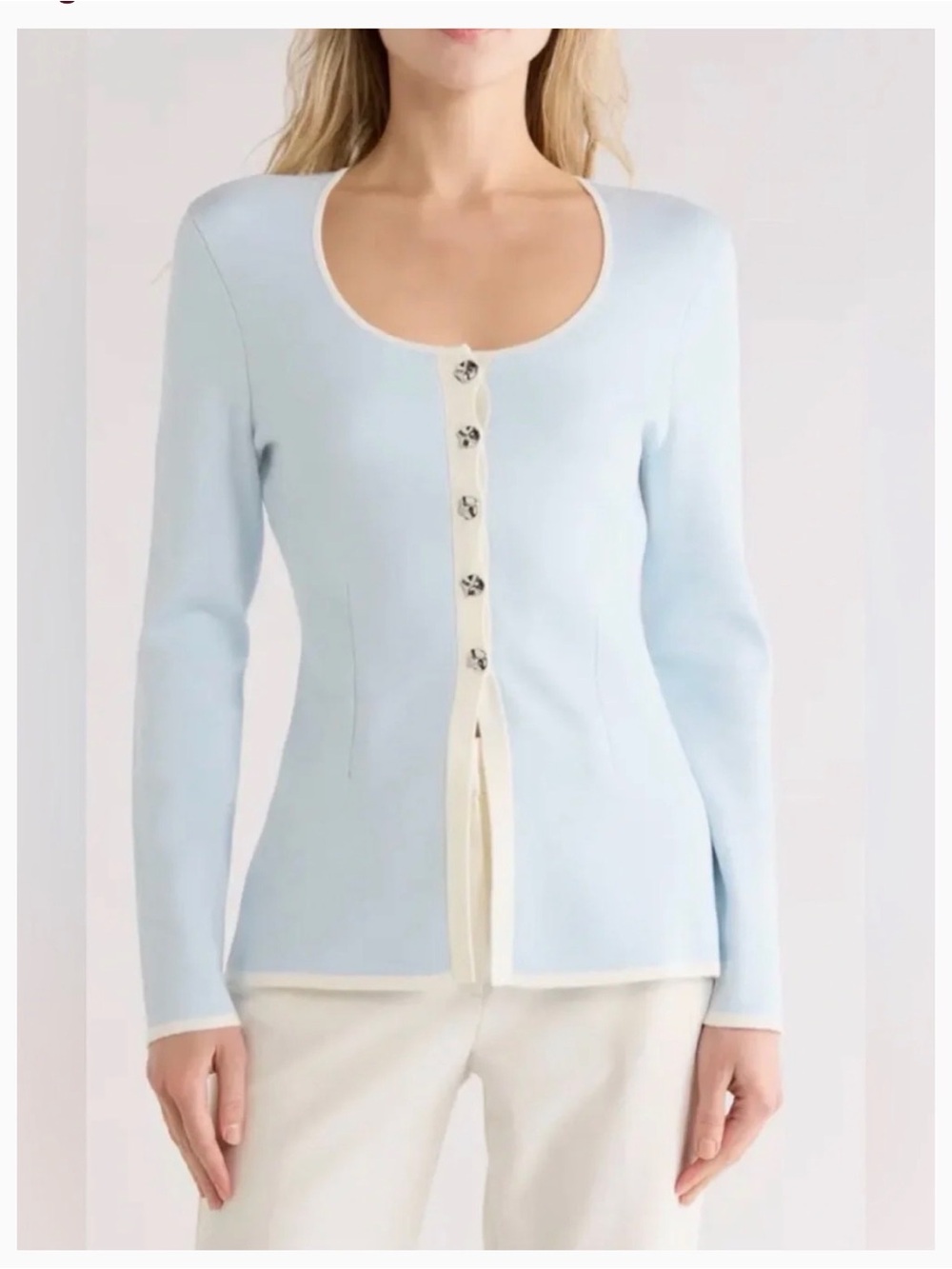 rag & bone Light Blue Long-Sleeve Button Cardigan with Cream Trim ($400)